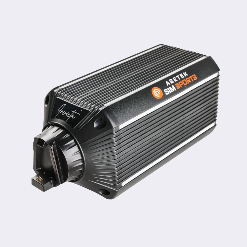 Asetek SimSports Invicta Direct Drive Wheelbase showing the side view with control buttons and sleek design for racing simulation.