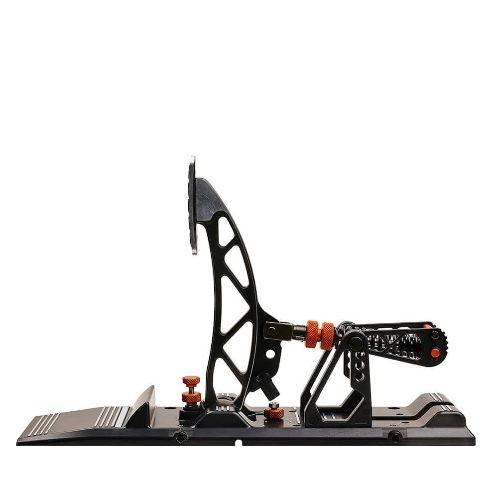 Asetek SimSports Invicta clutch pedal showing textured surface and metal construction for racing simulation setups.
