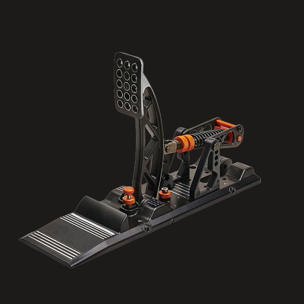 Asetek SimSports Invicta clutch pedal for racing simulators, open box, black metal construction, detailed close-up.