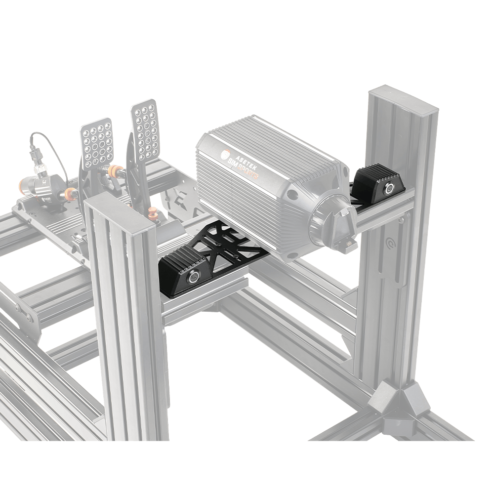 Asetek SimSports DD wheelbase bottom mount accessory with metal bracket and mounting hardware for sim racing setups.