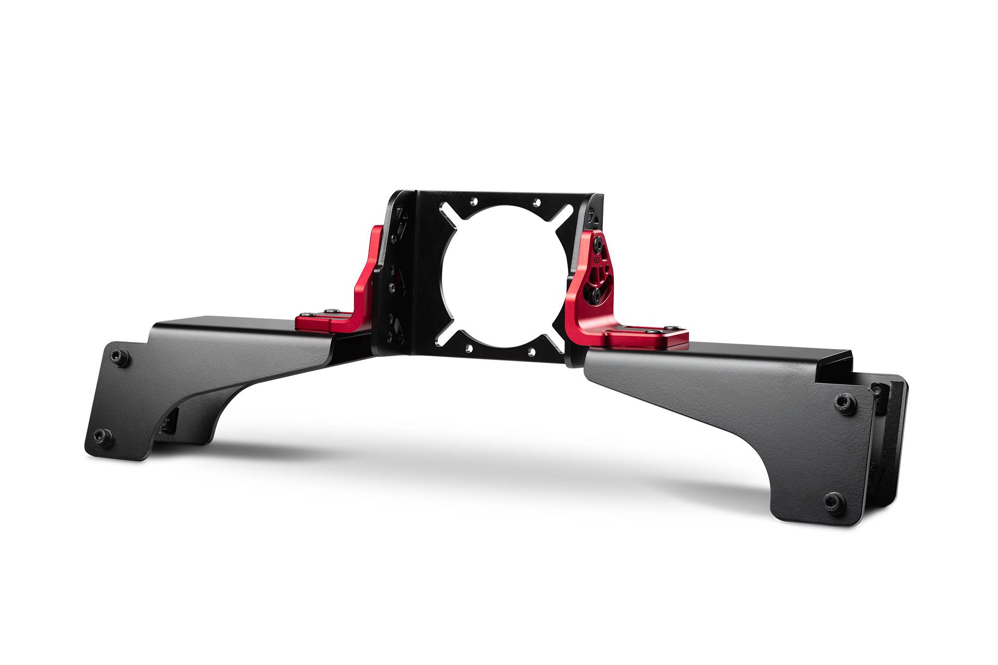 Next Level Racing Elite DD Side and Front Mount Adapter showing its sleek design and mounting points for racing simulator setup.