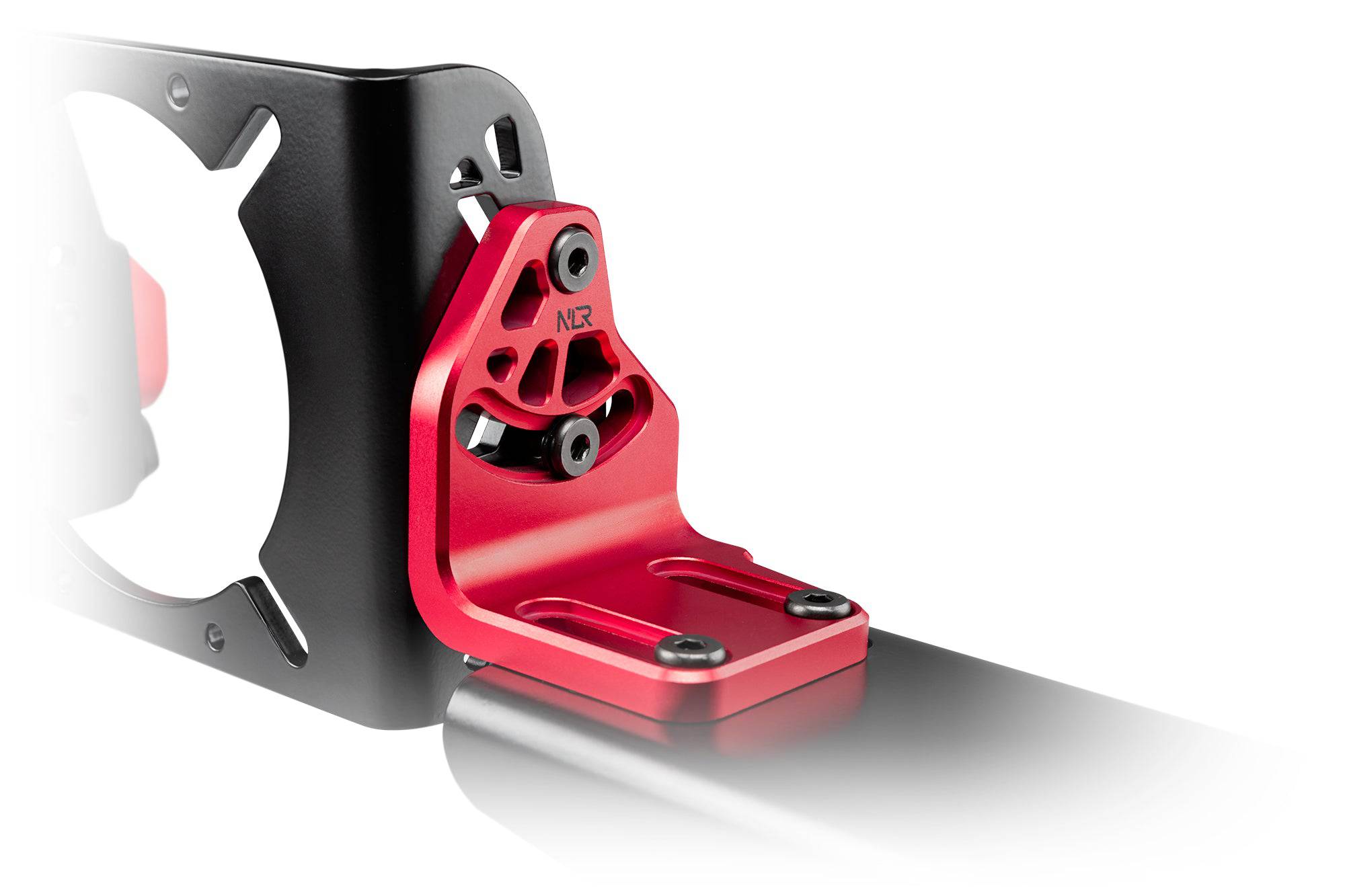 Next Level Racing Elite DD side and front mount adaptor, black metal accessory for racing simulator setups.