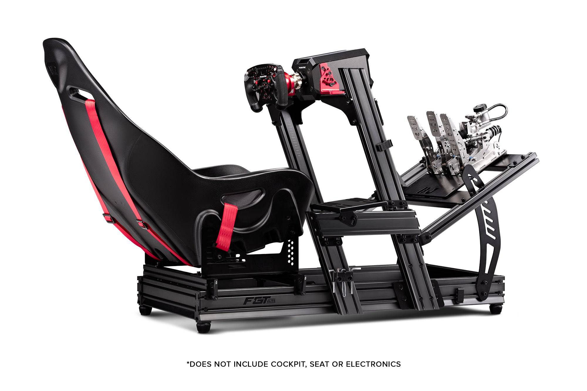 Next Level Racing Elite-DD side and front mount adapter for racing wheel setups, shown in black with sturdy construction.