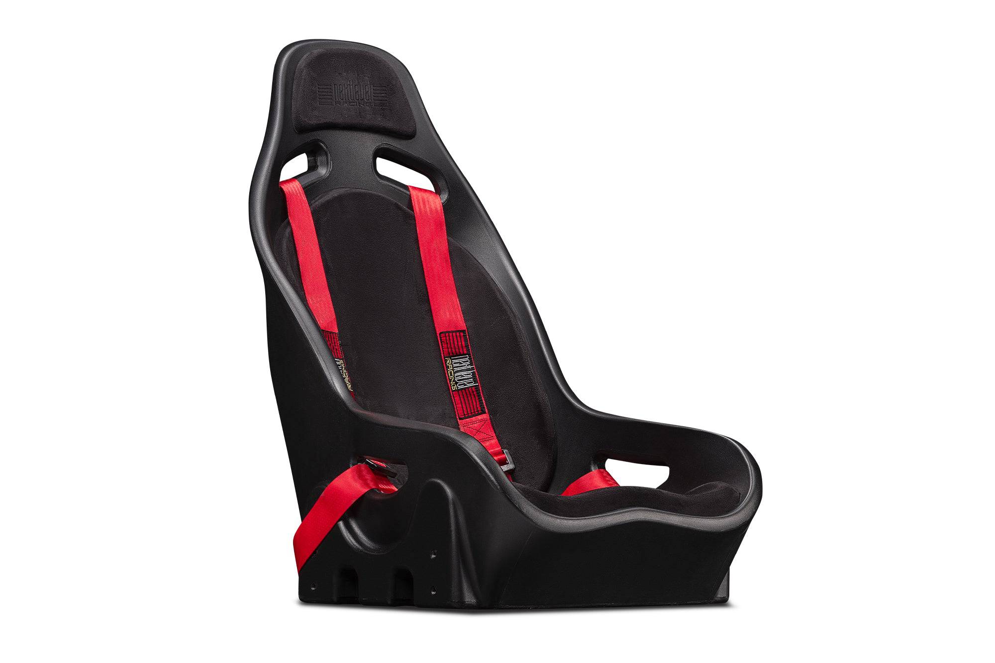 Next Level Racing Elite ES1 racing simulator seat with black and red upholstery, ergonomic design, and adjustable features.