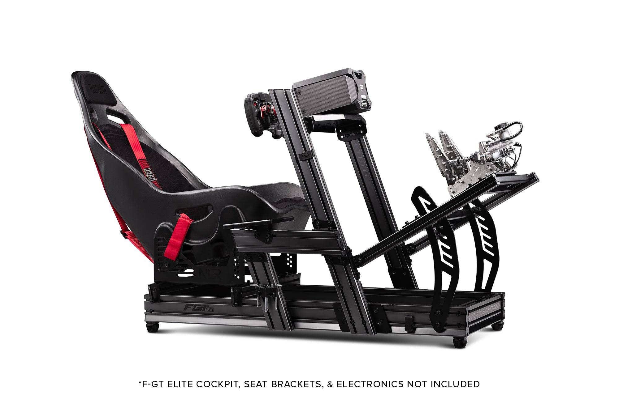 Next Level Racing Elite ES1 racing simulator seat with black and red upholstery, ergonomic design, and adjustable features.