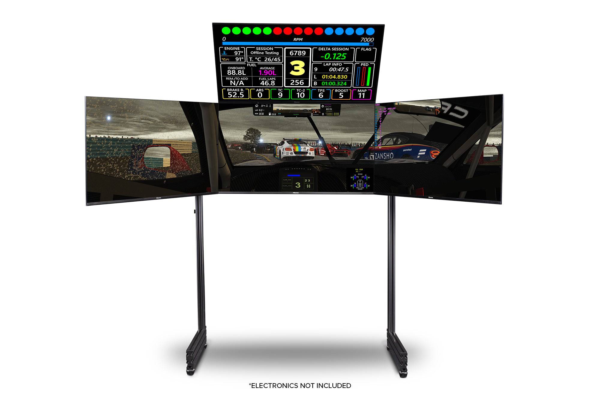 Next Level Racing Elite freestanding quad monitor stand in carbon grey, holding four monitors securely for gaming or work setups.