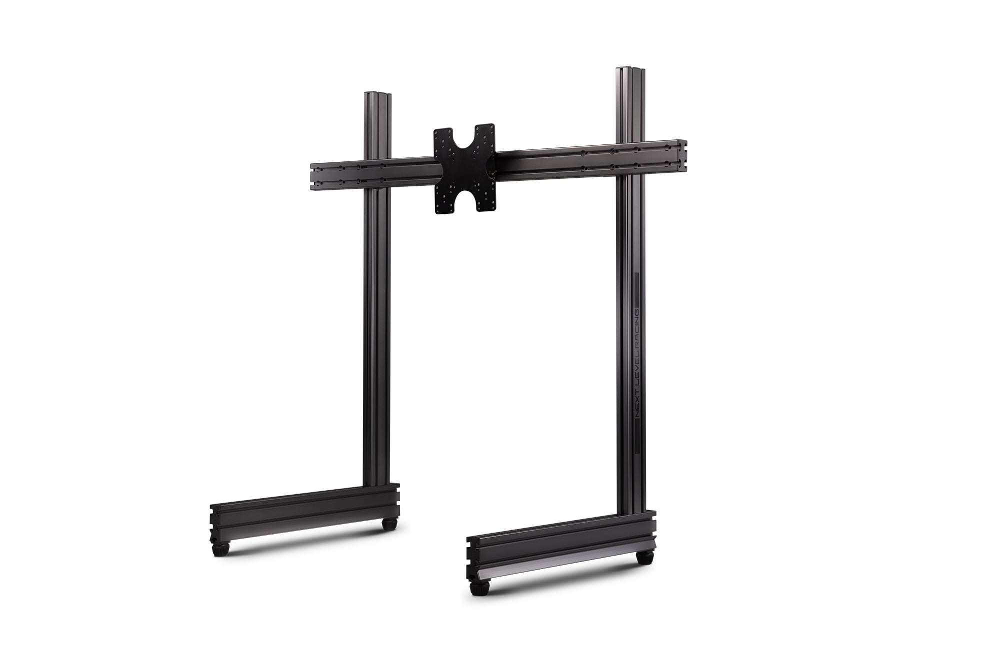 Next Level Racing Elite freestanding monitor stand in carbon grey holding a single computer monitor