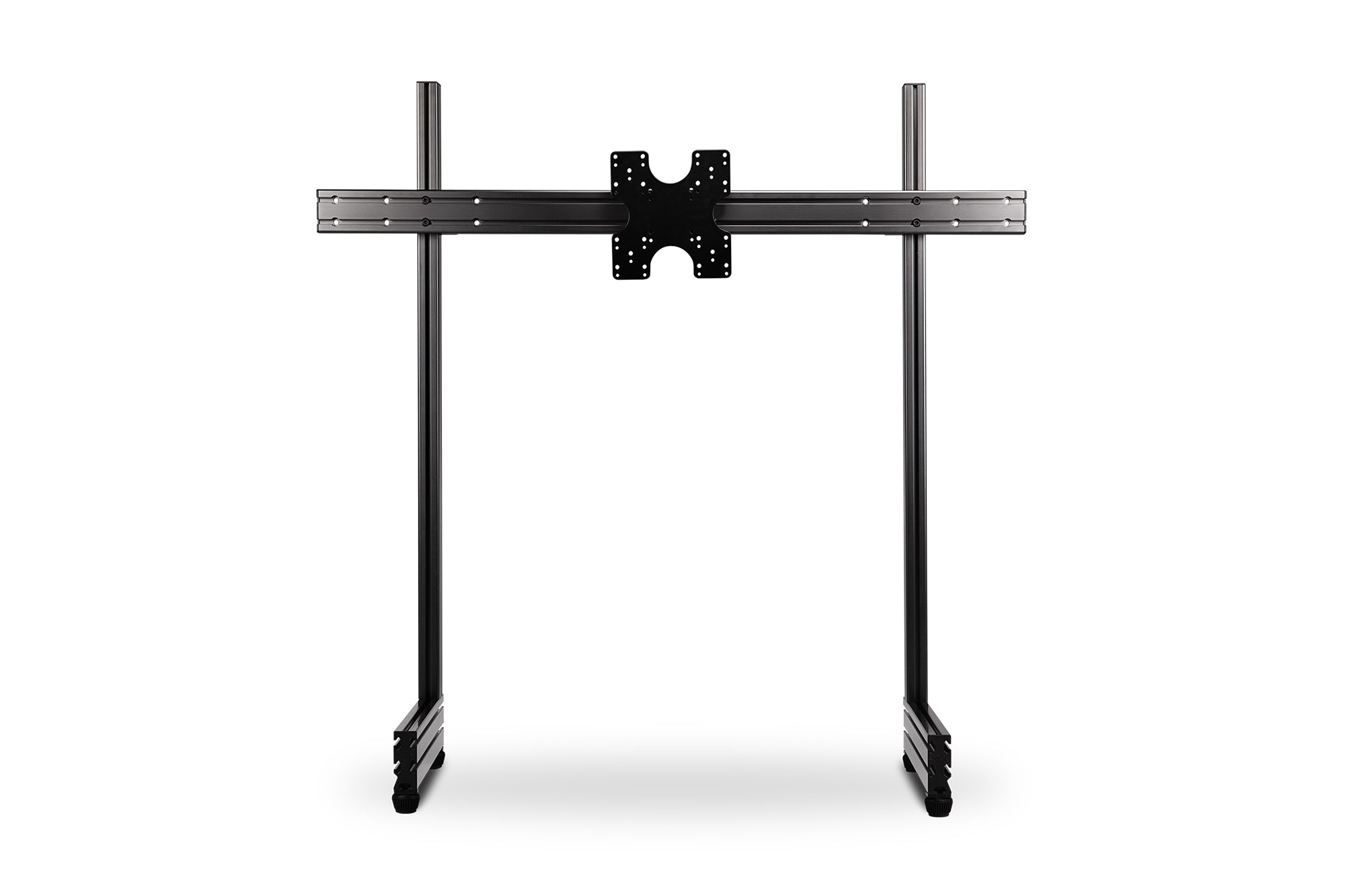 Next Level Racing Elite freestanding monitor stand in carbon grey holding a single computer monitor.