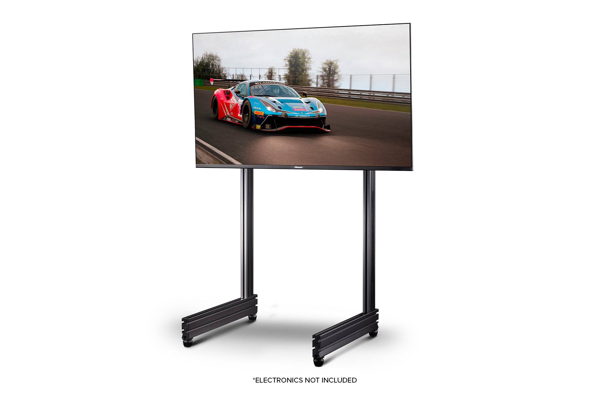 Next Level Racing Elite freestanding single monitor stand in carbon grey, supporting a computer monitor for gaming or office use.