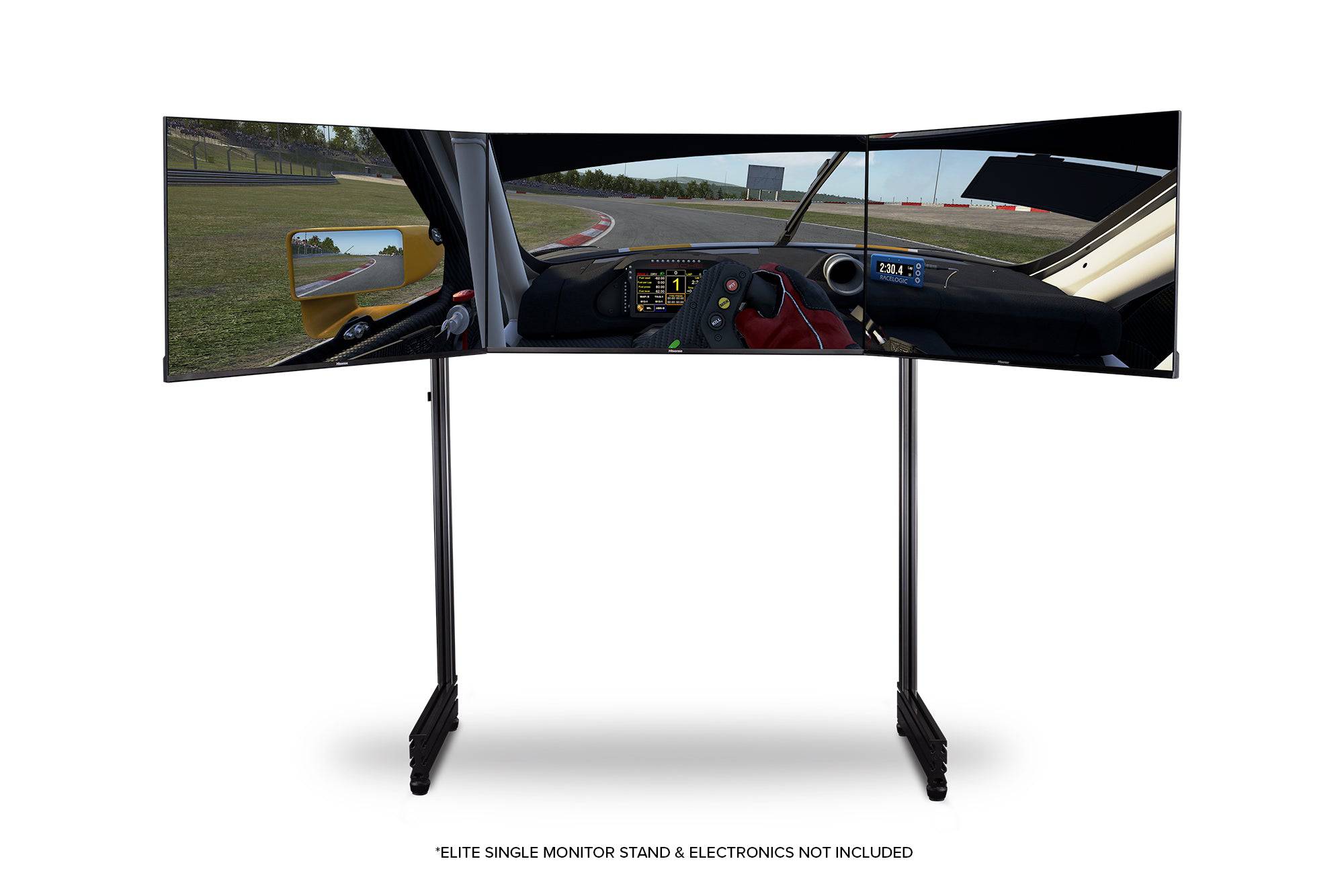 Next Level Racing Elite-Freestanding Triple Monitor Stand add-on in carbon grey, supporting three monitors for gaming or work setups.