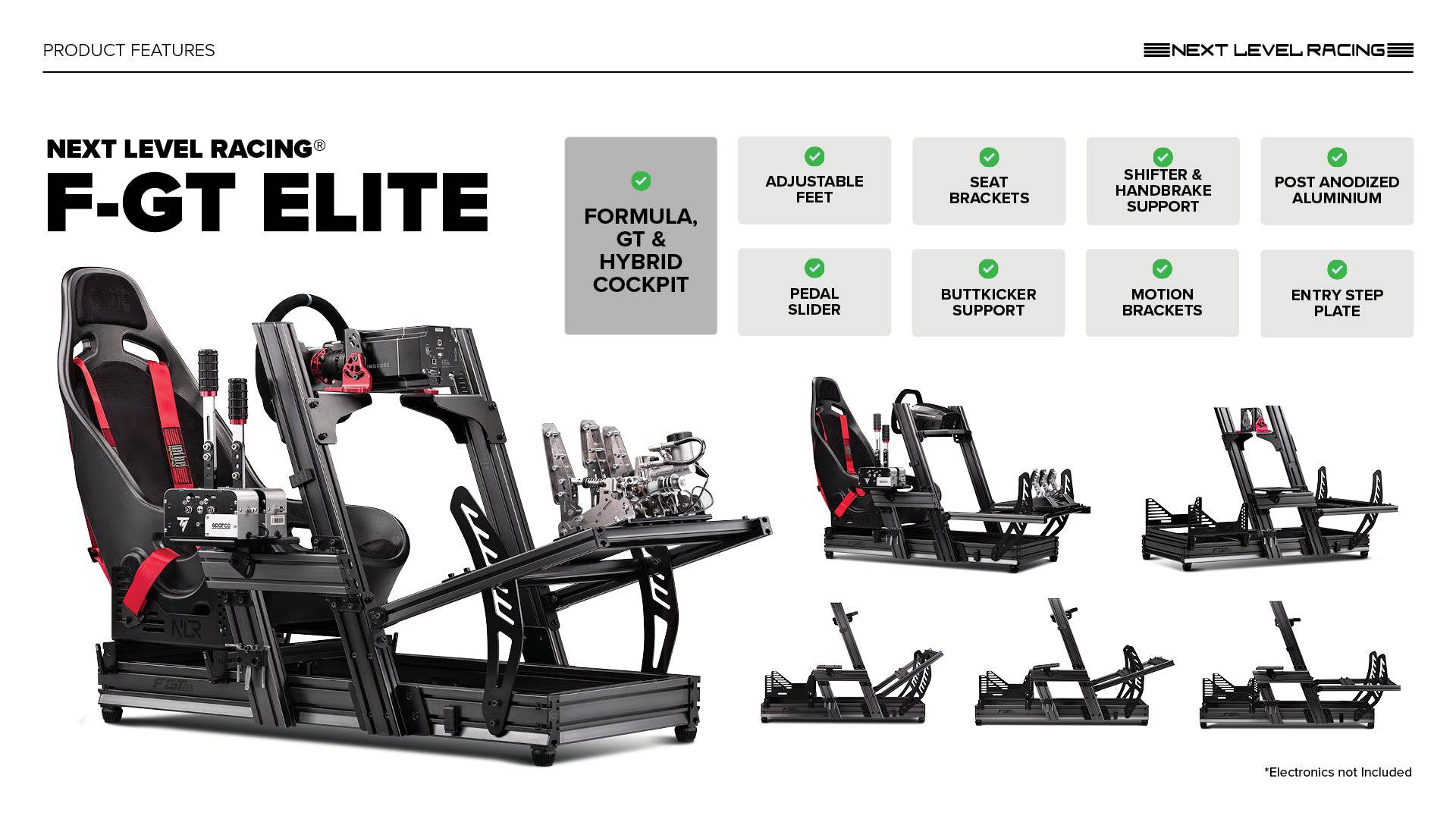 Next Level Racing F-GT Elite sim racing chassis with front and side mounts, aluminum profile design for Formula and GT racing setups.