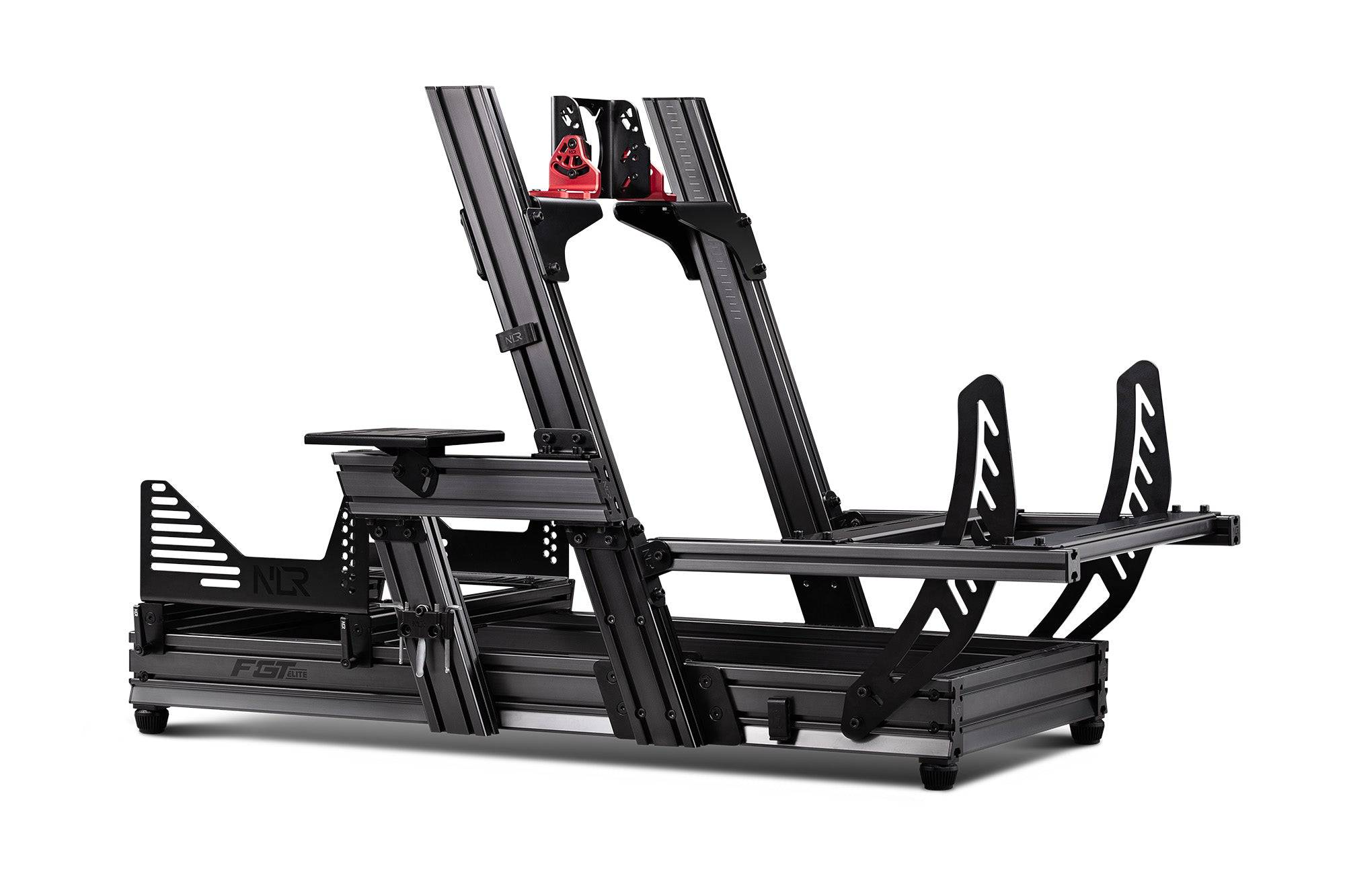 Next Level Racing F-GT Elite sim racing chassis with front and side mounts, aluminum profile construction, viewed from front and side angles.