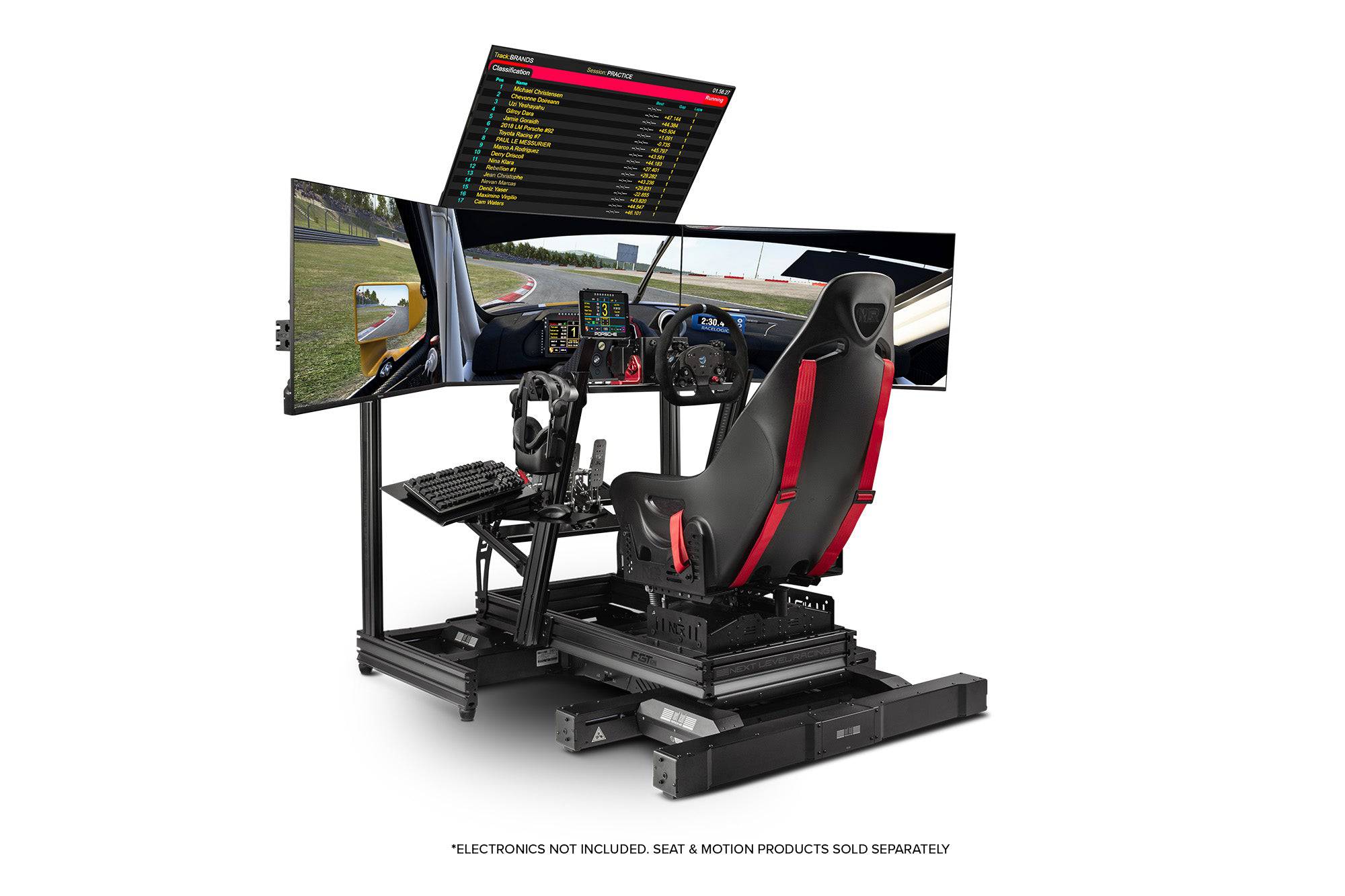 Next Level Racing F-GT Elite sim racing chassis with front and side mount, featuring aluminum profile construction and sleek design.