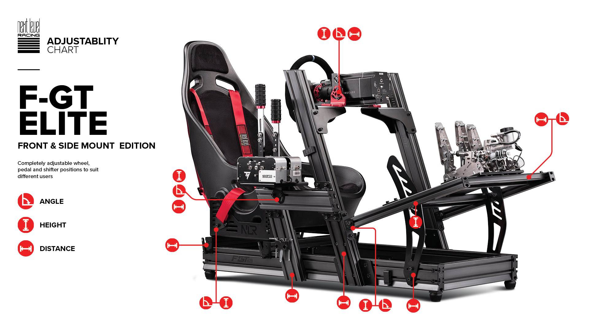 Next Level Racing F-GT Elite sim racing chassis with front and side mount, aluminum profile for Formula and GT racing setups.