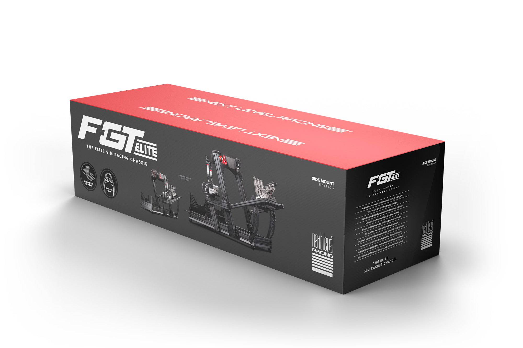 Next Level Racing F-GT Elite sim racing chassis with front and side mounts, featuring aluminum profile construction.