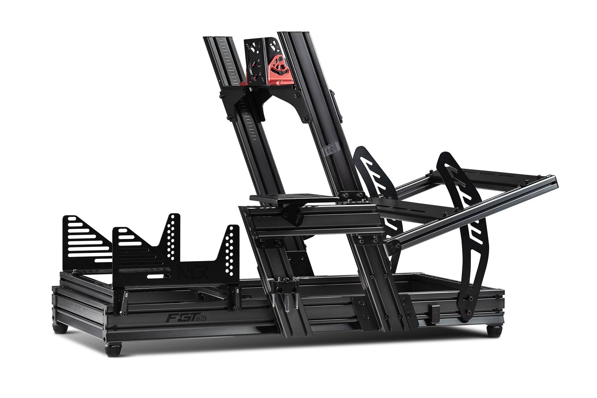 Next Level Racing F-GT Elite sim racing chassis with front and side mounts, featuring aluminum profile construction and adjustable components.