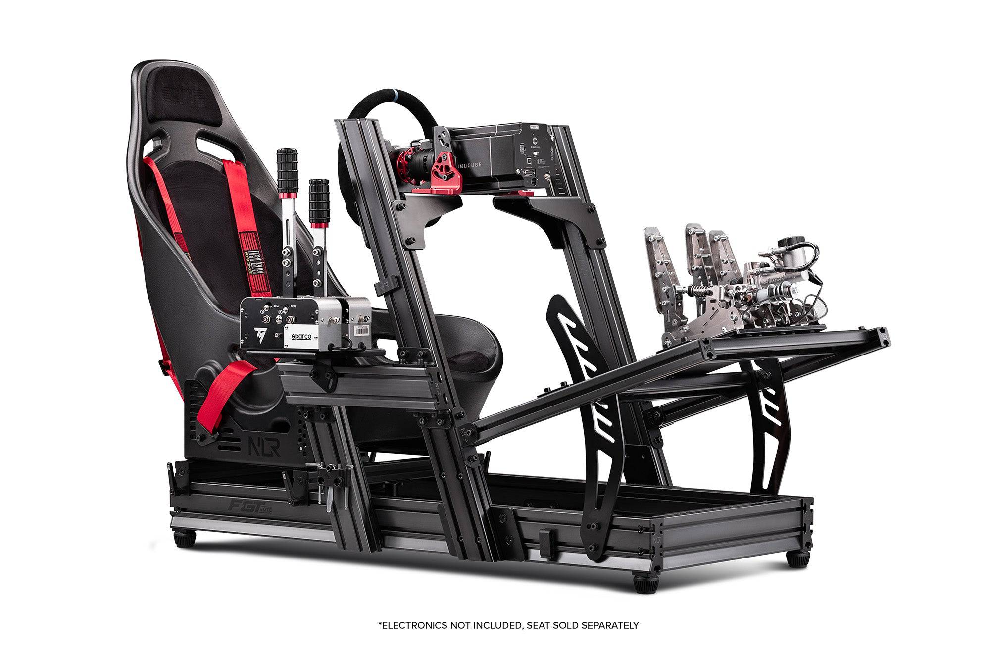 Next Level Racing F-GT Elite sim racing chassis with front and side mounts, aluminum profile construction, front and side view.