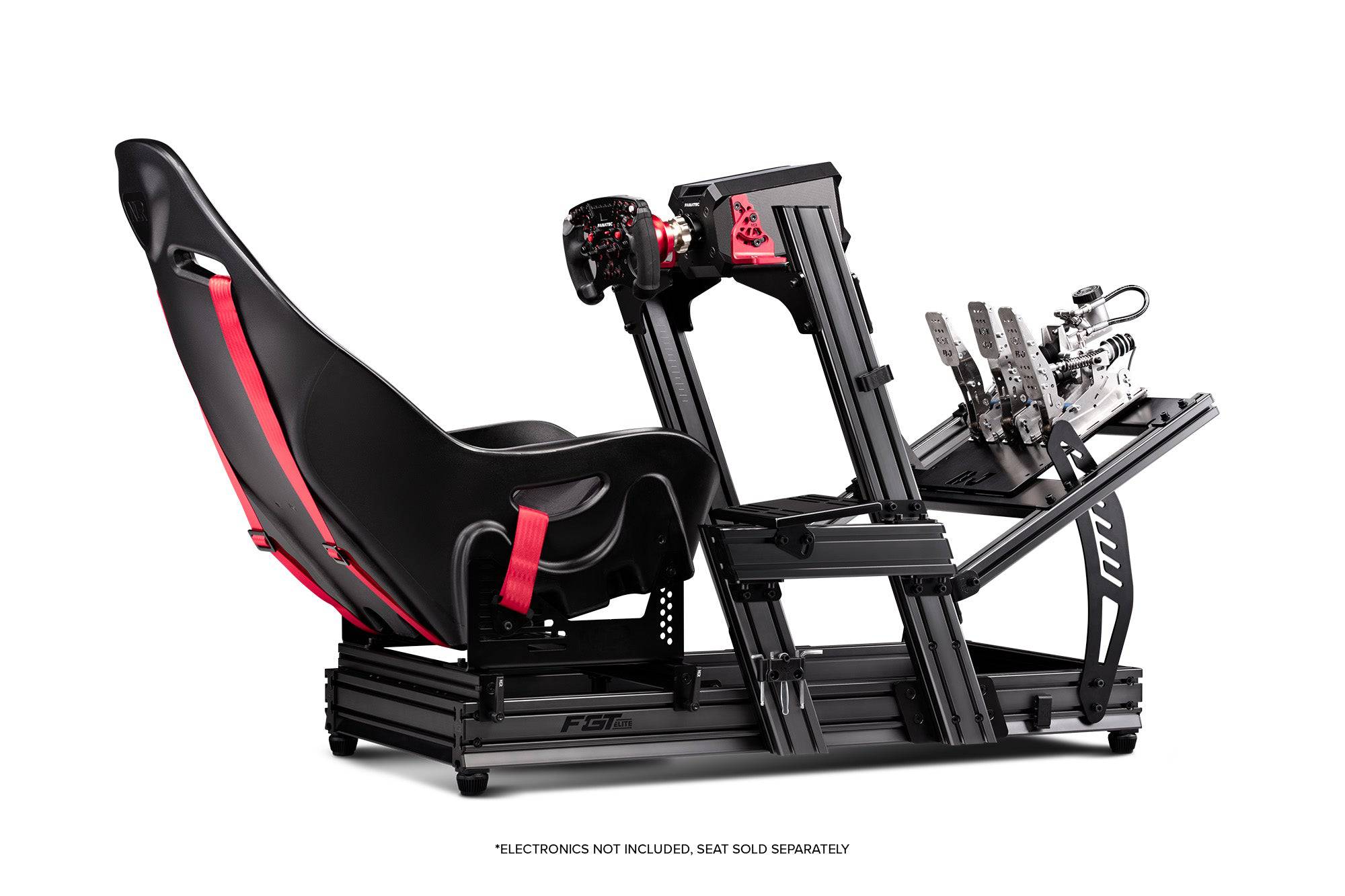 Next Level Racing F-GT Elite sim racing chassis with front and side mounts, aluminum profile frame for Formula and GT racing setups.