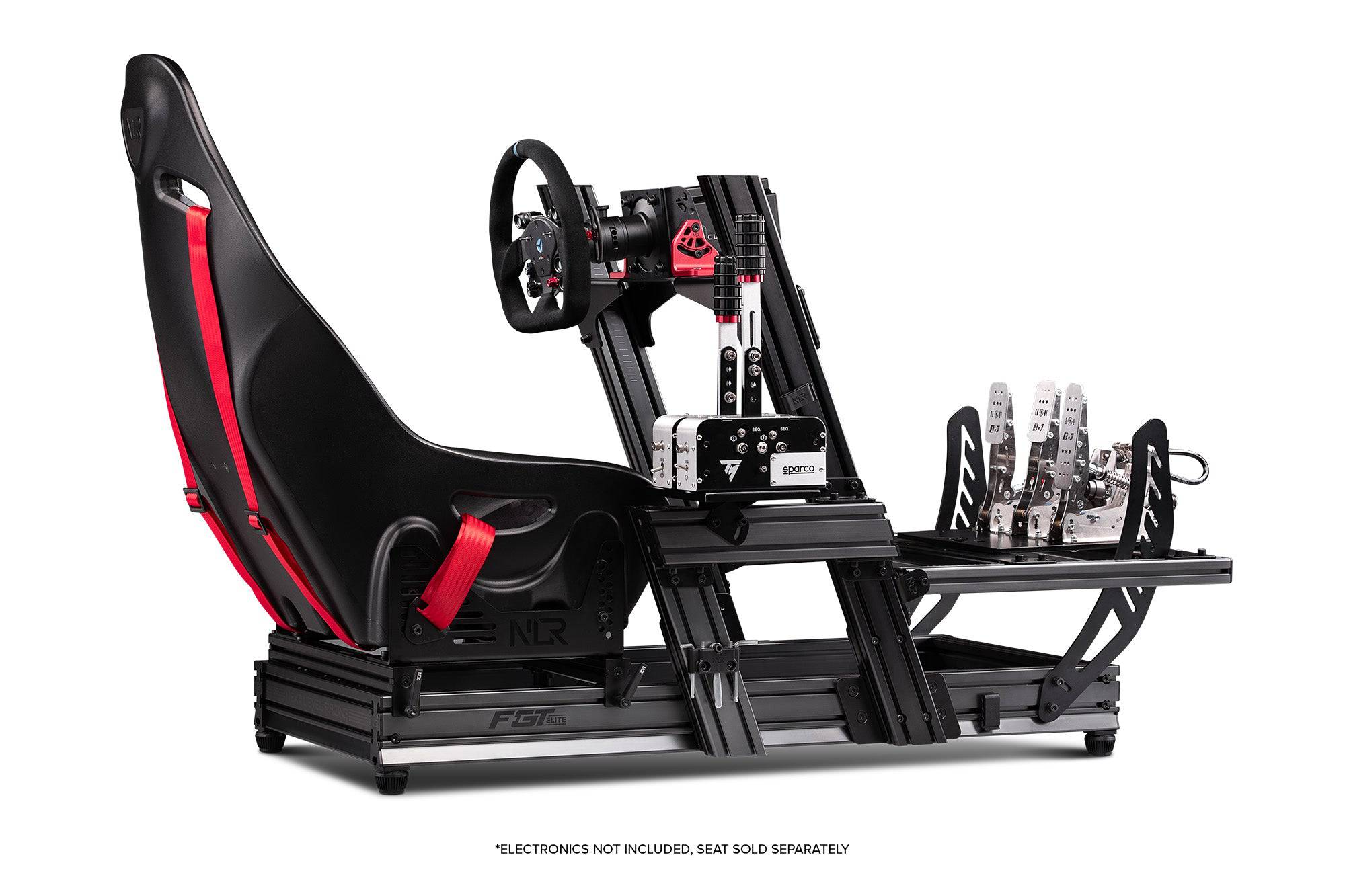 Next Level Racing F-GT Elite sim racing chassis with front and side mount, aluminum profile, for Formula and GT racing simulations.