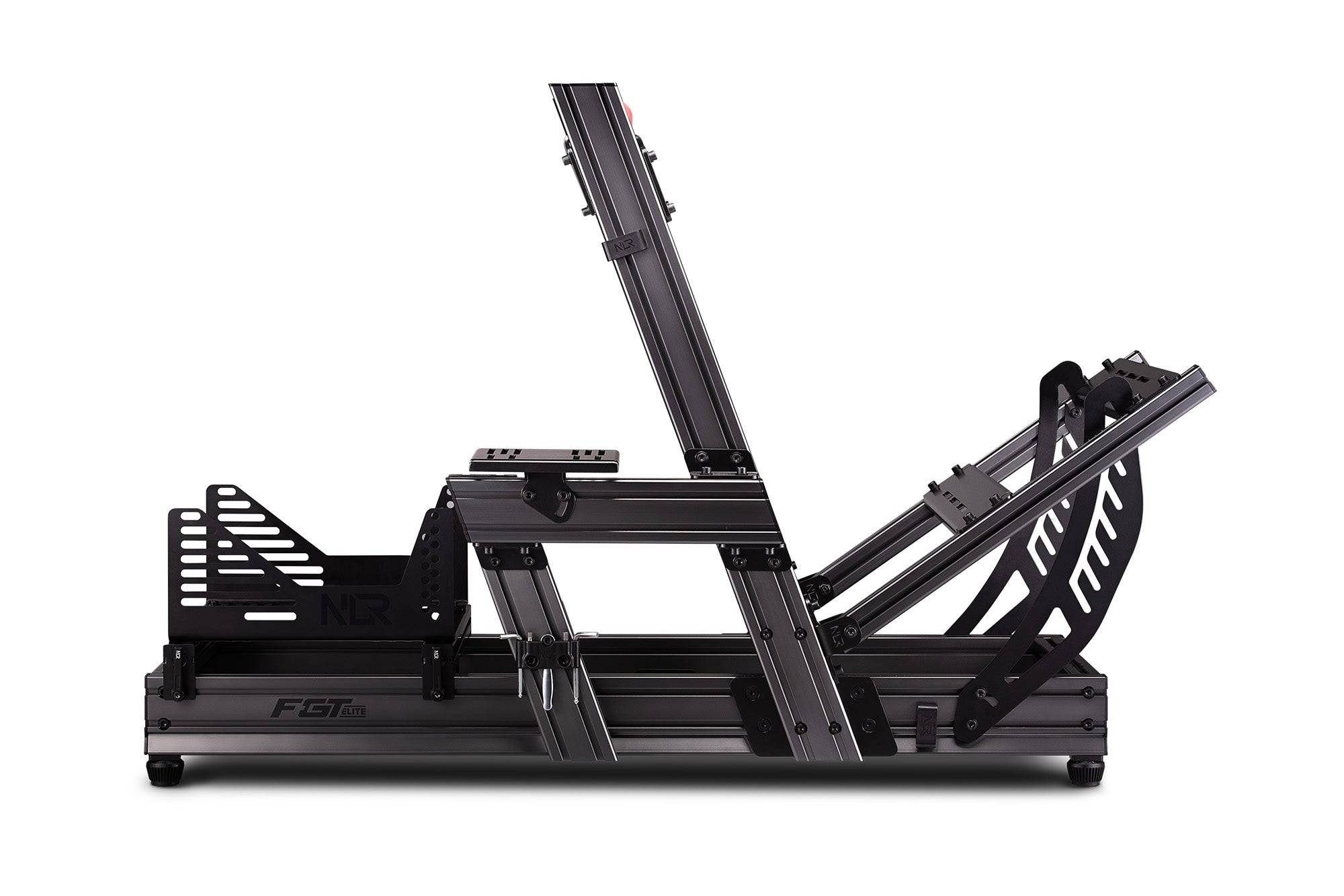 Next Level Racing F-GT Elite sim racing chassis with front and side mounts, aluminum profile design for Formula and GT racing setups.