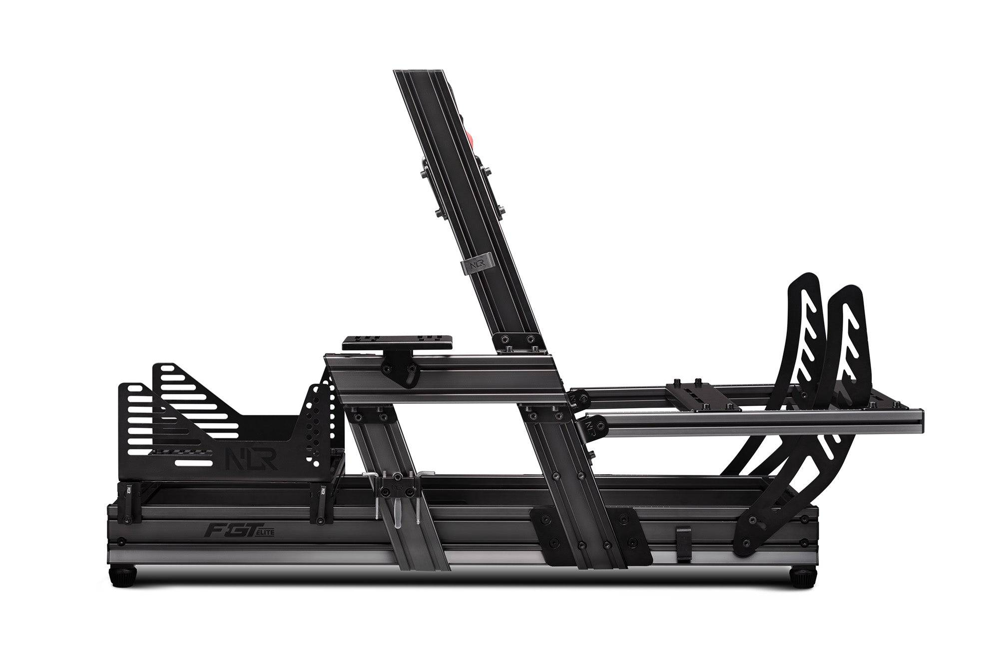 Next Level Racing F-GT Elite sim racing chassis with front and side mounts, aluminum profile construction, viewed from front and side angles.