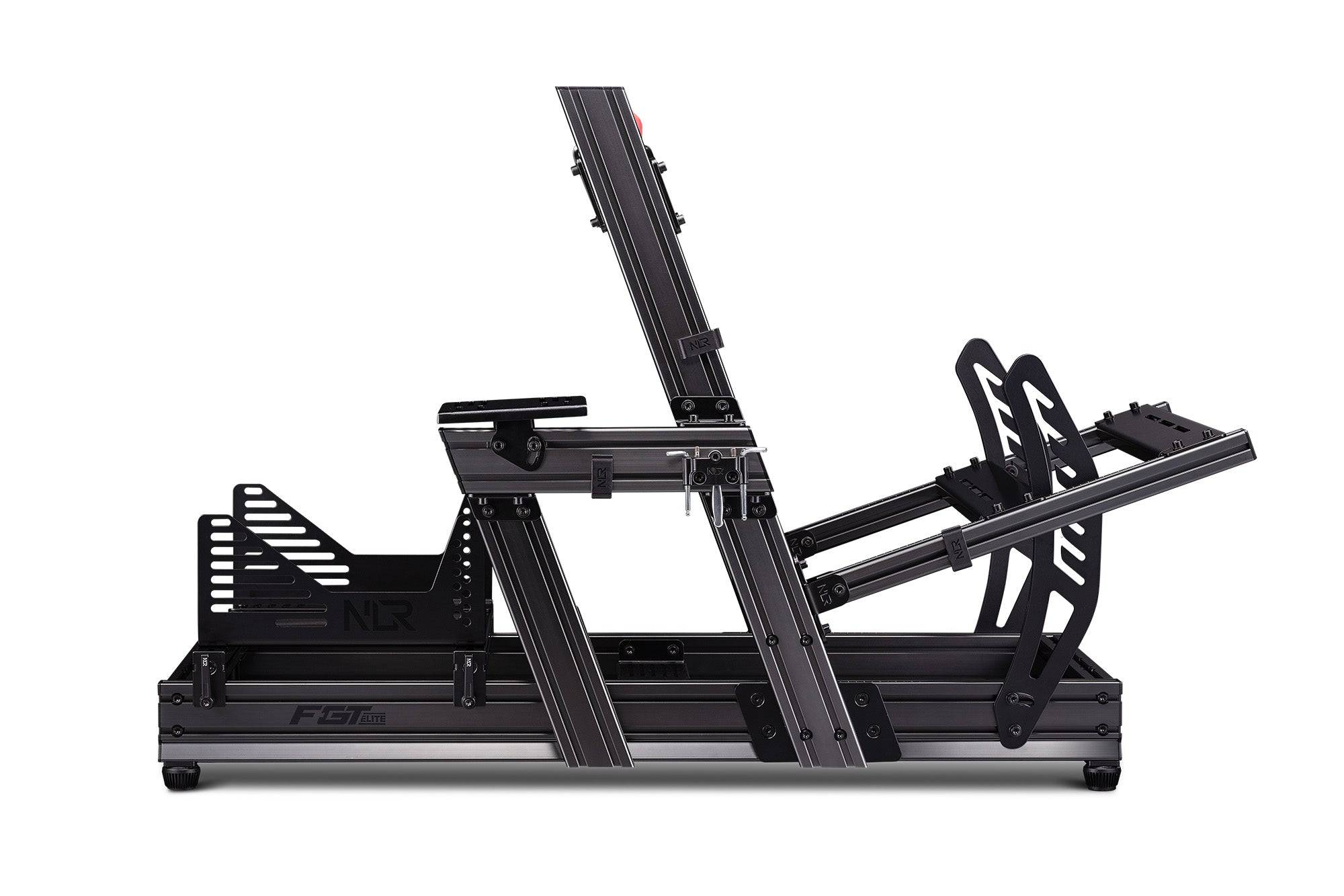 Next Level Racing F-GT Elite sim racing chassis with front and side mounts, featuring aluminum profile construction and adjustable setup.