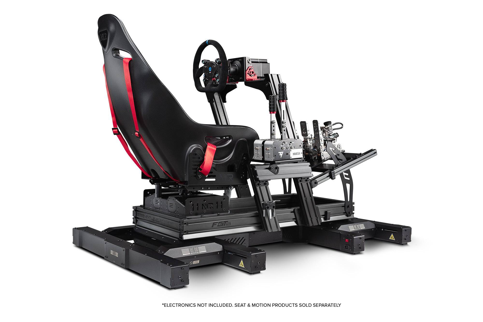 Next Level Racing F-GT Elite sim racing chassis with front and side mounts, aluminum profile construction, and detailed front and side view.