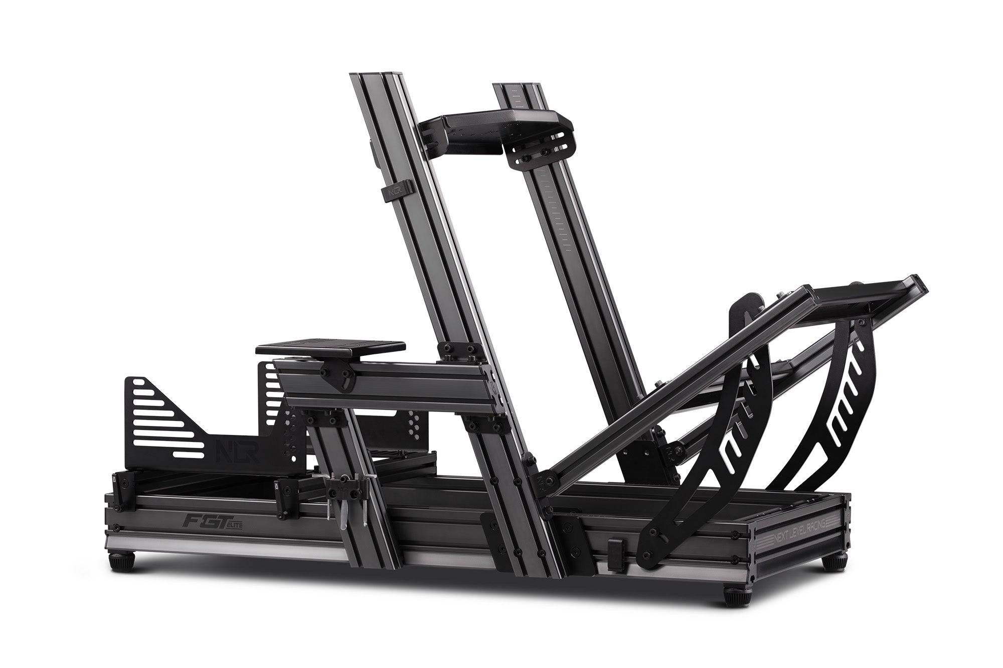 Next Level Racing F-GT Elite aluminum sim racing cockpit with wheel plate, sturdy design for racing simulator setup.