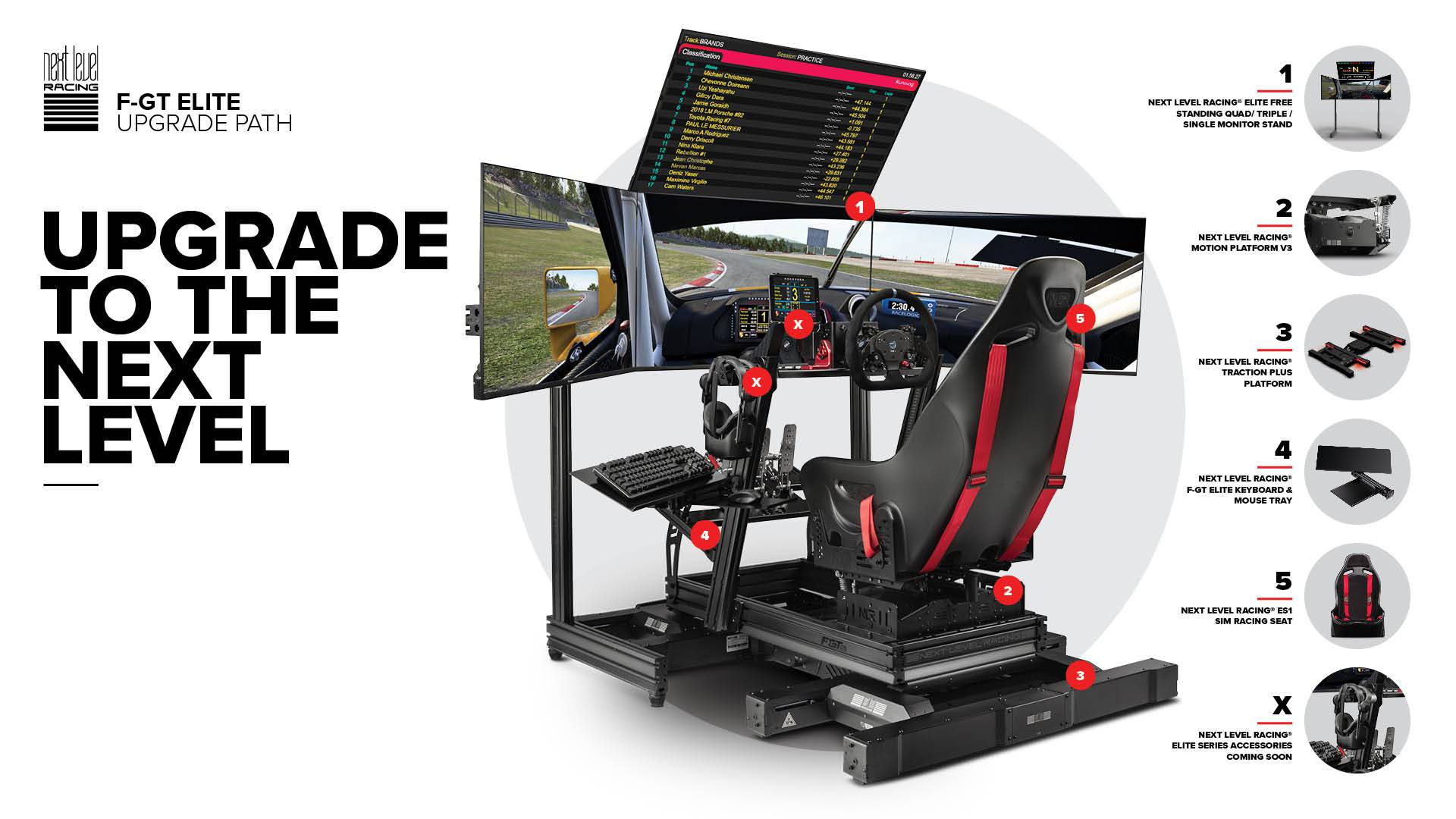 Next Level Racing F-GT Elite aluminum sim racing cockpit with wheel plate, black chassis for realistic racing experience.