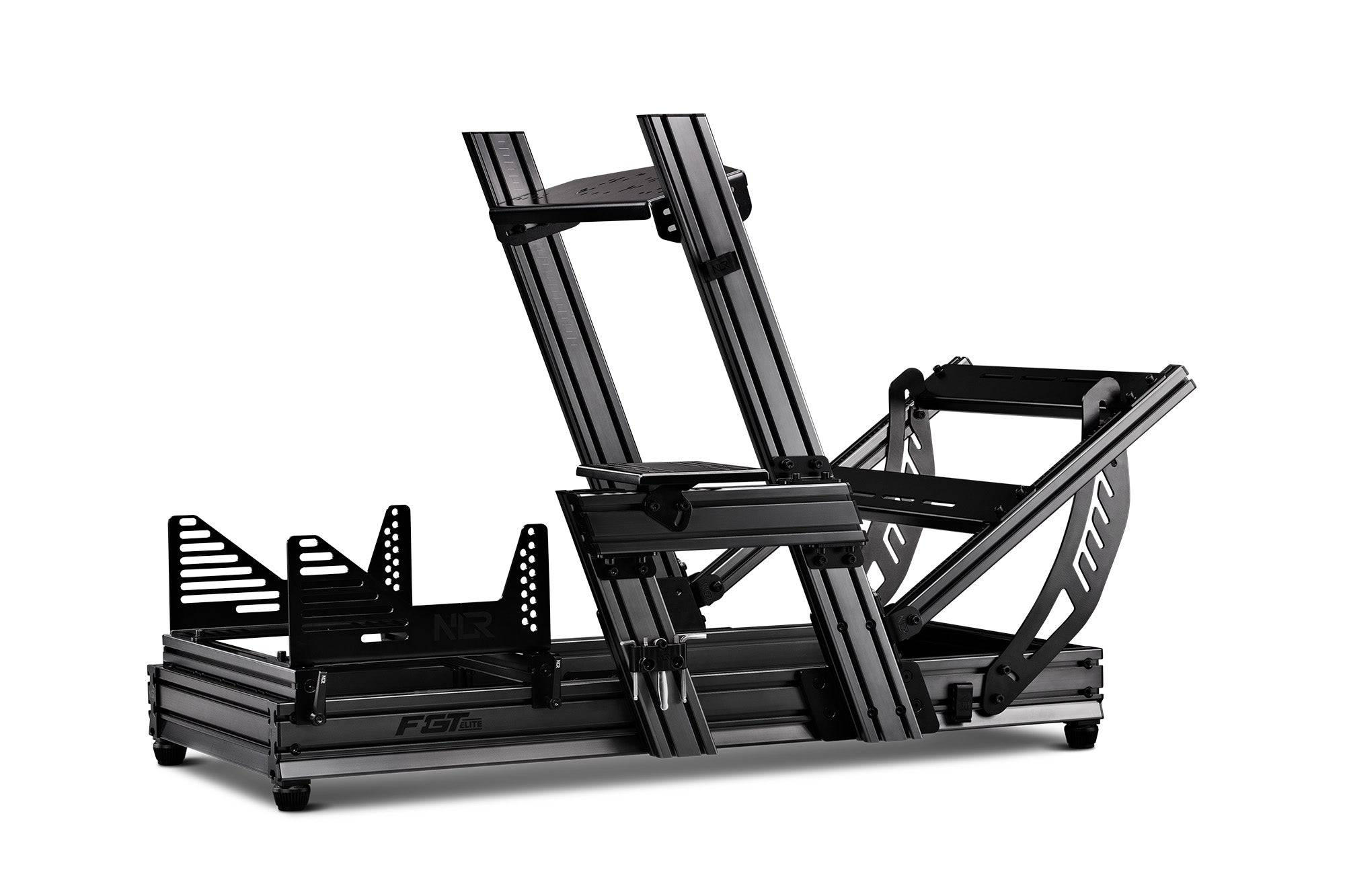 Next Level Racing F-GT Elite aluminum sim racing cockpit with wheel plate, featuring sturdy build and adjustable components for immersive racing.