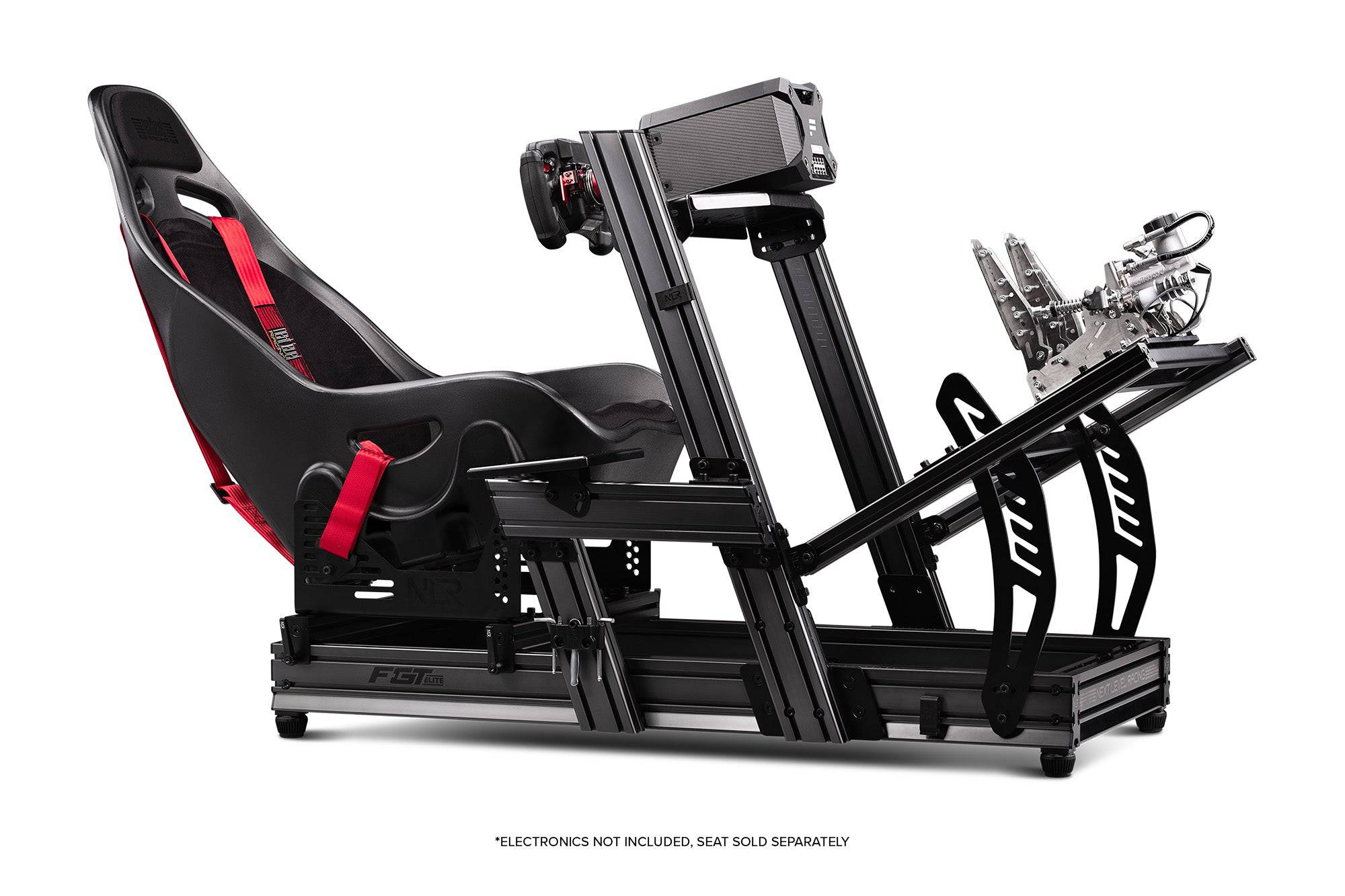 Next Level Racing F-GT Elite aluminum sim racing cockpit with wheel plate, designed for realistic racing setup and durability.