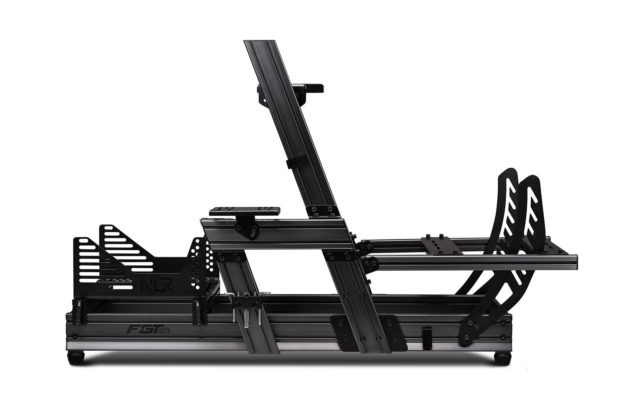 Next Level Racing F-GT Elite aluminum sim racing cockpit with wheel plate for enhanced driving experience.