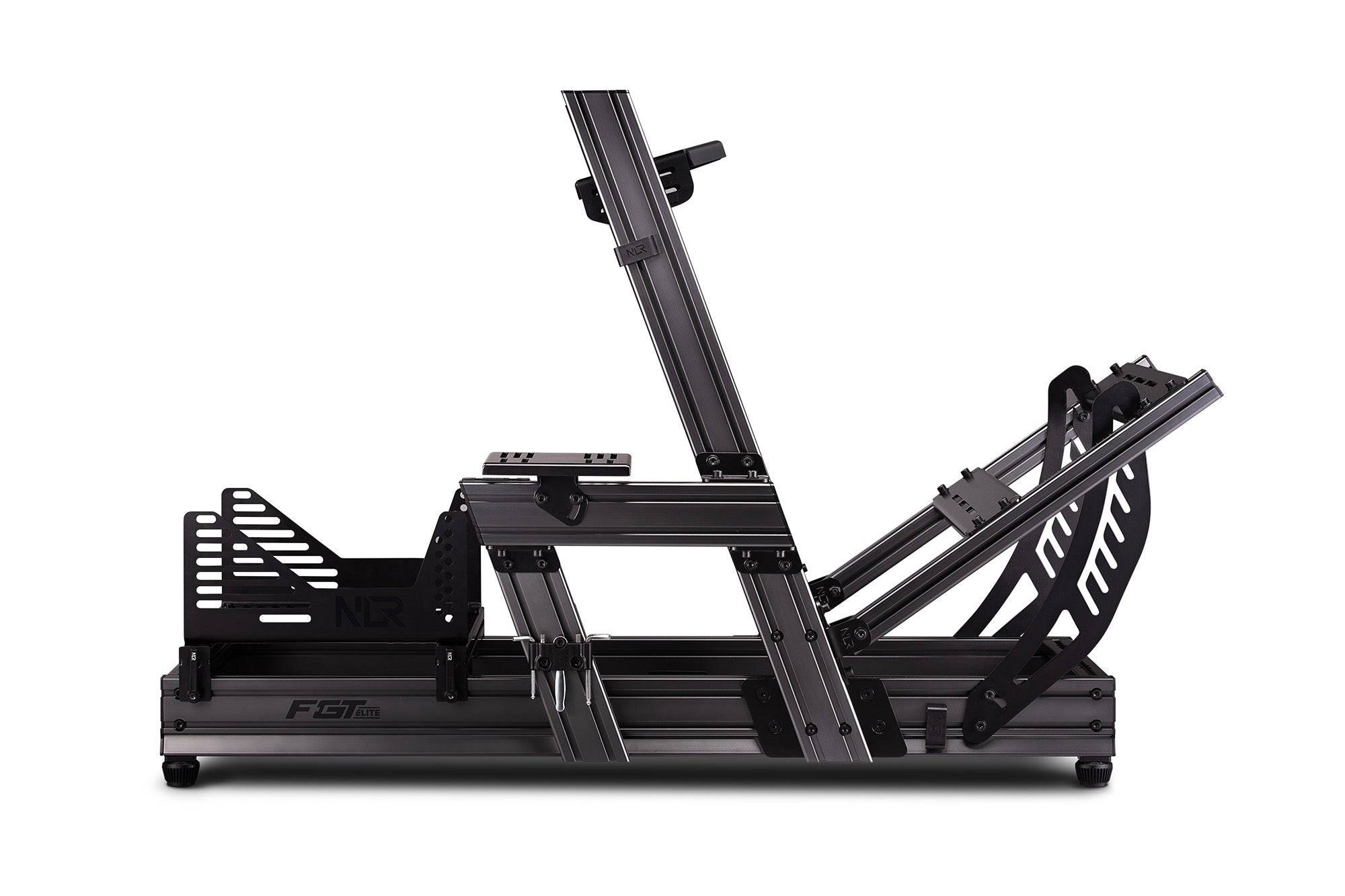 Next Level Racing F-GT Elite aluminum sim racing cockpit with wheel plate for immersive driving experience.