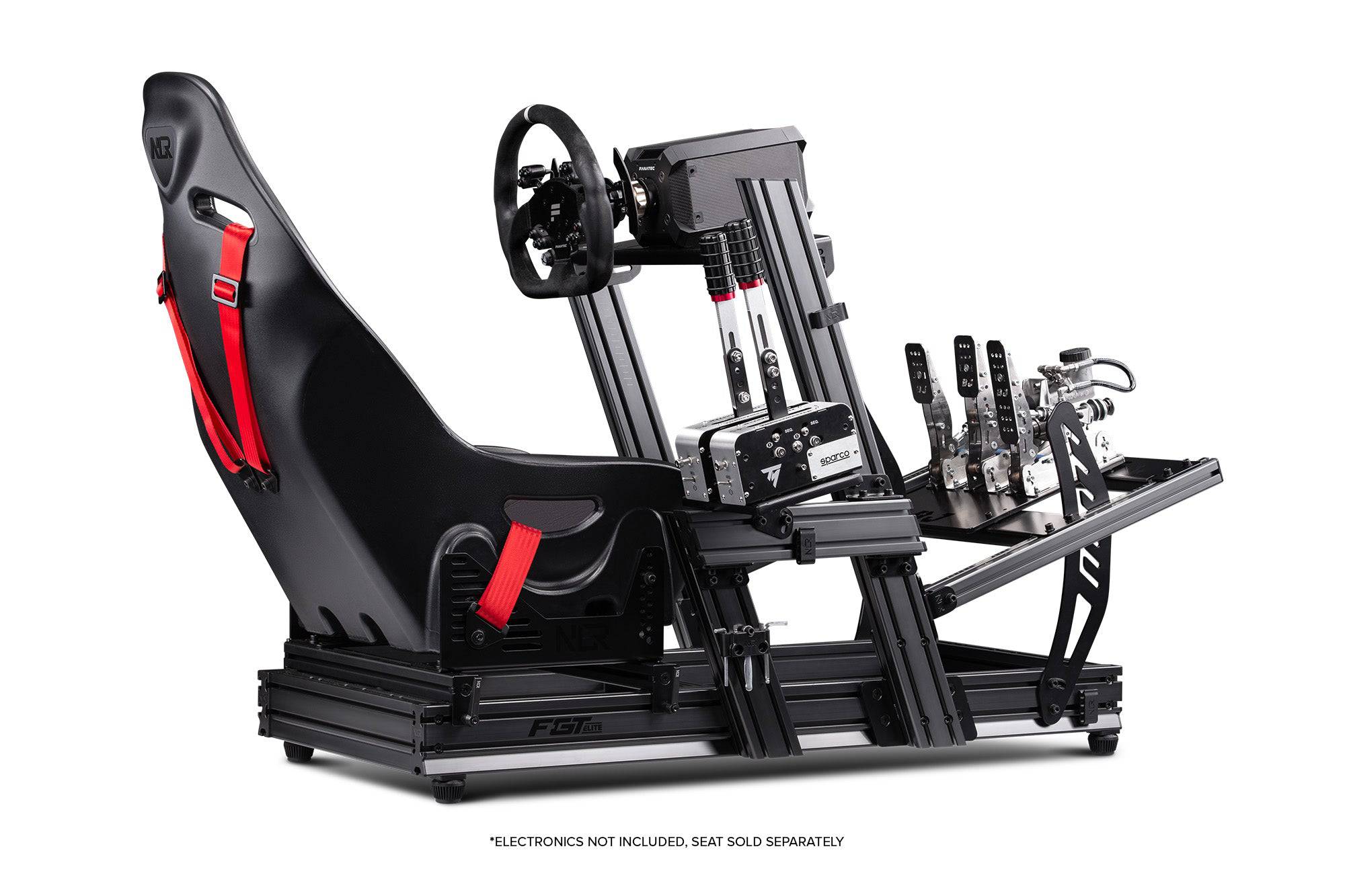 Next Level Racing F-GT Elite aluminum sim racing cockpit with wheel plate, sturdy construction, and adjustable features.