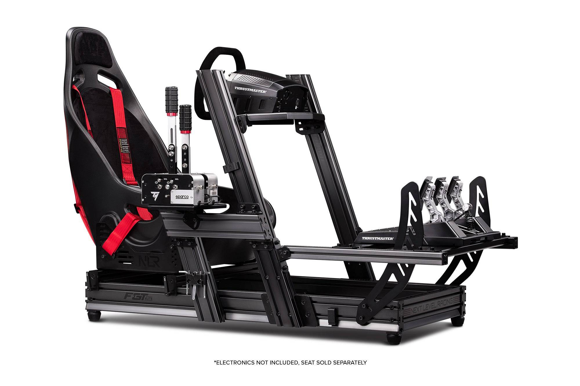 Next Level Racing F-GT Elite aluminum sim racing cockpit with wheel plate for realistic racing setup.