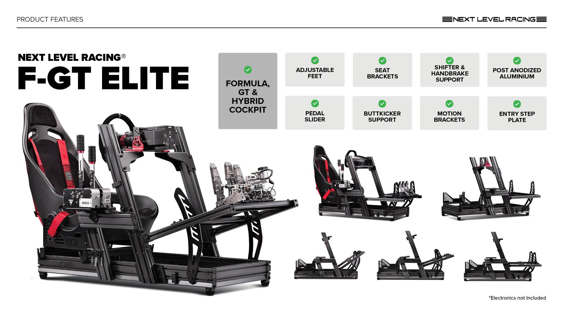 Next Level Racing F-GT Elite sim racing chassis with aluminum profile for Formula and GT racing, iRacing edition, shown in image.