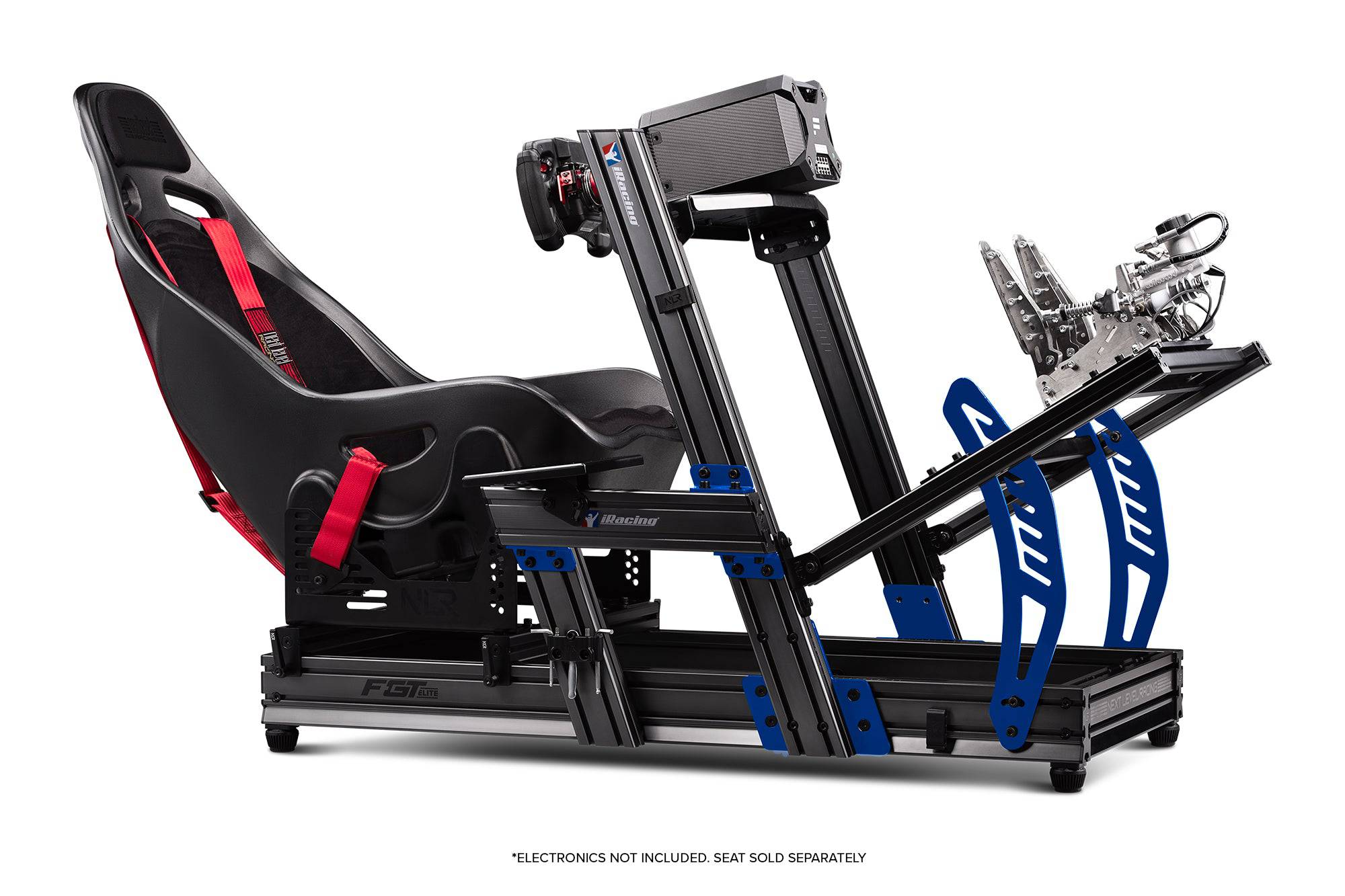 Next Level Racing F-GT Elite sim racing chassis with aluminum profile for Formula and GT racing, iRacing edition showing cockpit setup