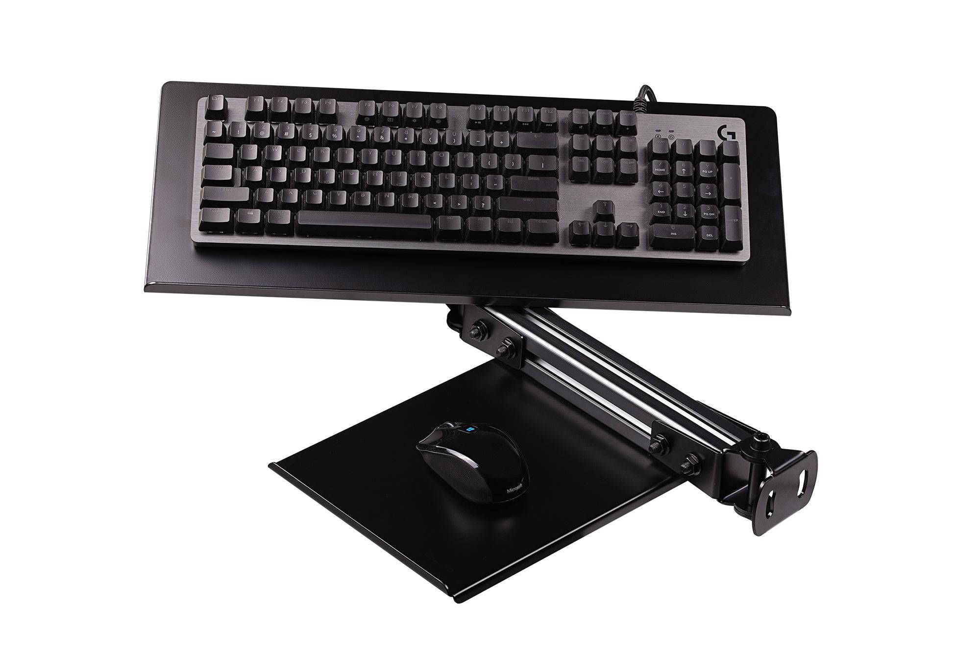 Next Level Racing F-GT Elite keyboard and mouse tray in carbon grey, designed for racing simulator accessories.