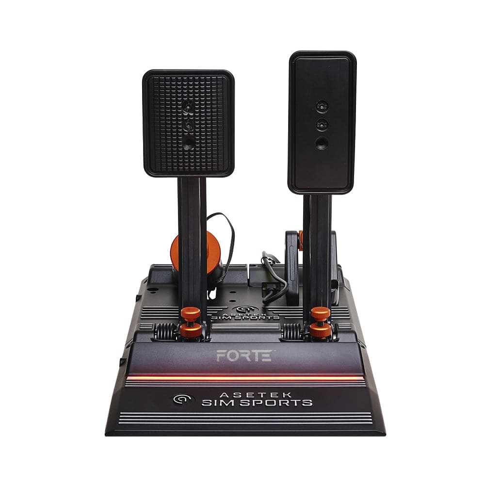 Asetek SimSports Forte sim racing pedals with brake and throttle, featuring a sturdy metal construction and textured footplates.