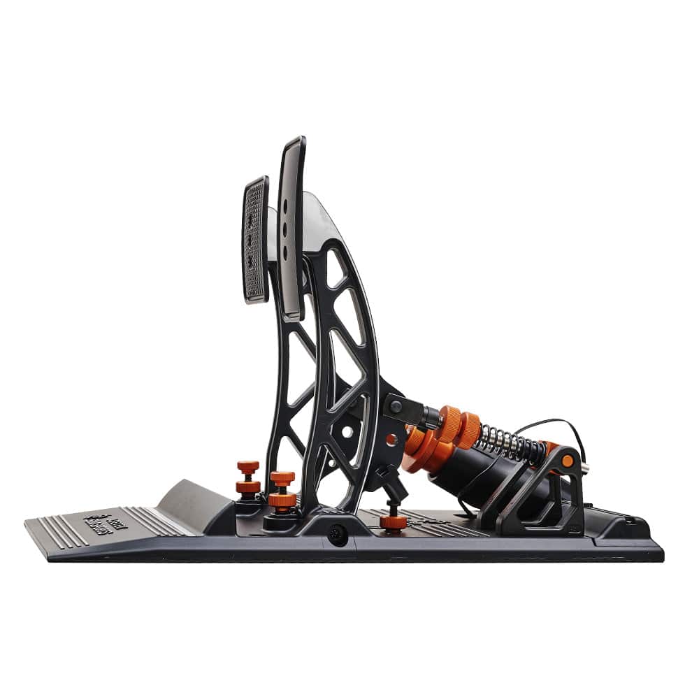 Asetek SimSports Forte sim racing pedals with brake and throttle pedals, shown from the side left view.