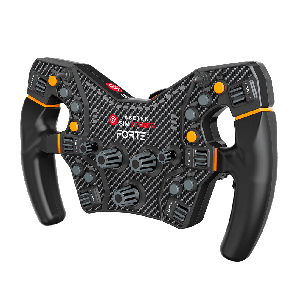 Asetek SimSports Forte Formula steering wheel rim with detailed render showing textured grip and ergonomic design for racing simulators.