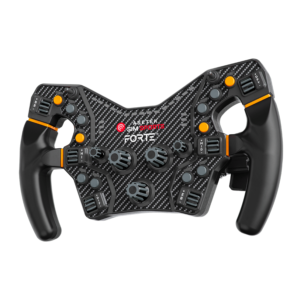 Asetek SimSports Forte Formula steering wheel rim with detailed render, showcasing the sleek design and textured grip.