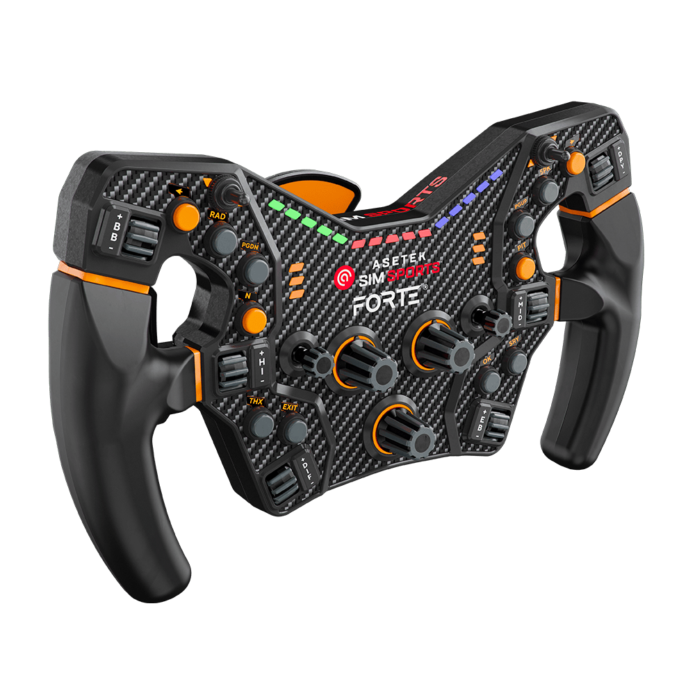 Asetek SimSports Forte Formula steering wheel rim with orange LED accents, shown against a transparent background.