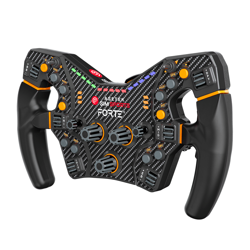 Asetek SimSports Forte Formula steering wheel rim with orange LED accents, displayed without background, for racing simulation.