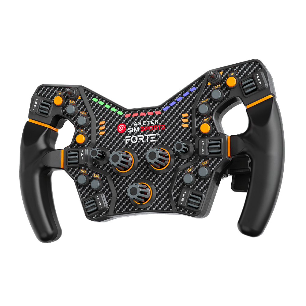 Asetek SimSports Forte Formula steering wheel rim with LED orange accents, shown on a transparent background.