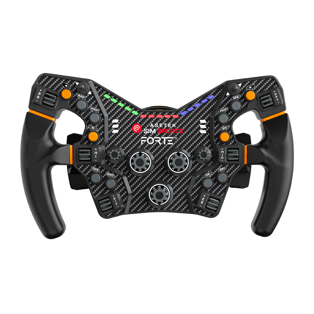 Asetek SimSports Forte Formula steering wheel rim with LED accents, shown on a white background, designed for racing simulation setups.
