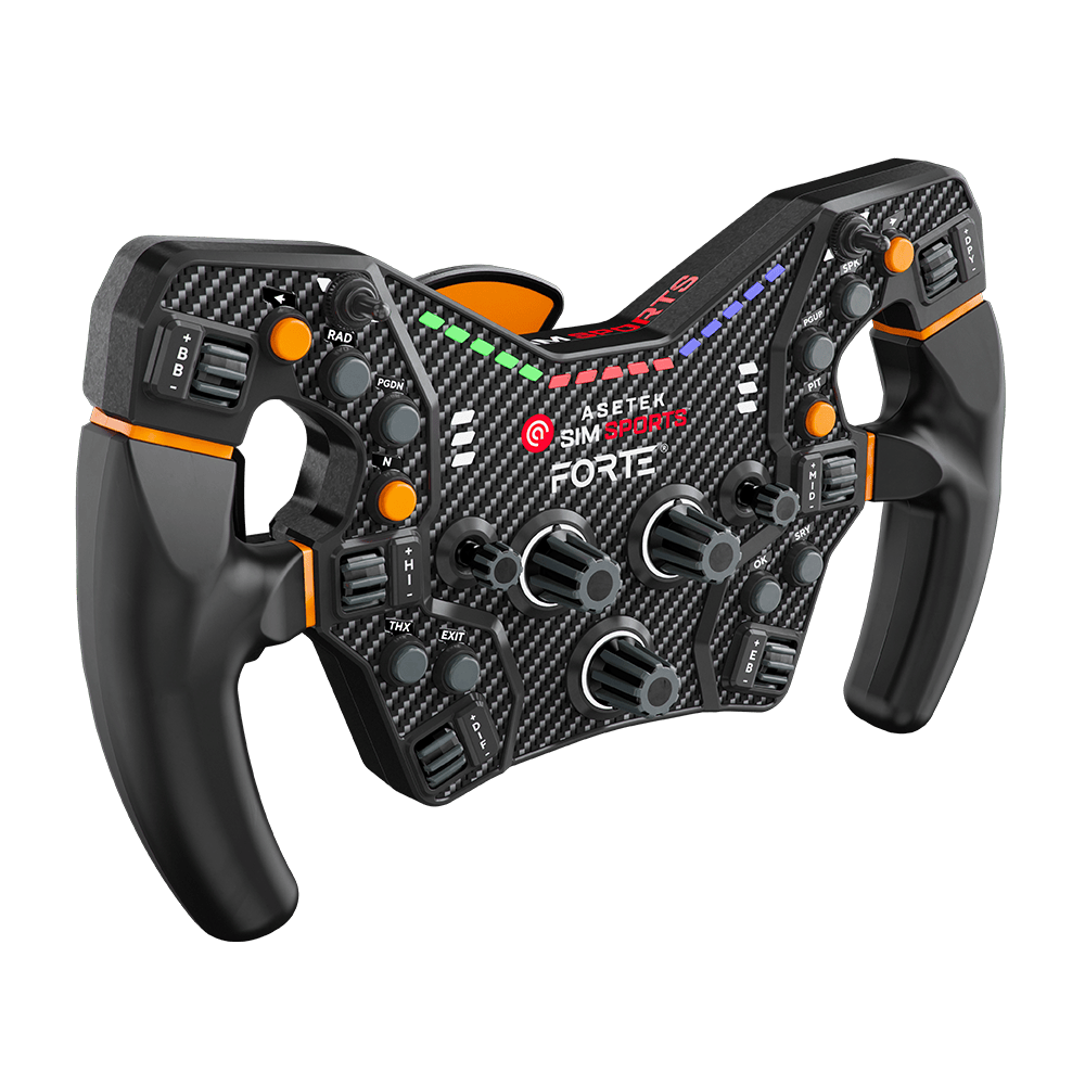 Asetek SimSports Forte Formula steering wheel rim with LED accents, designed for immersive racing simulation.