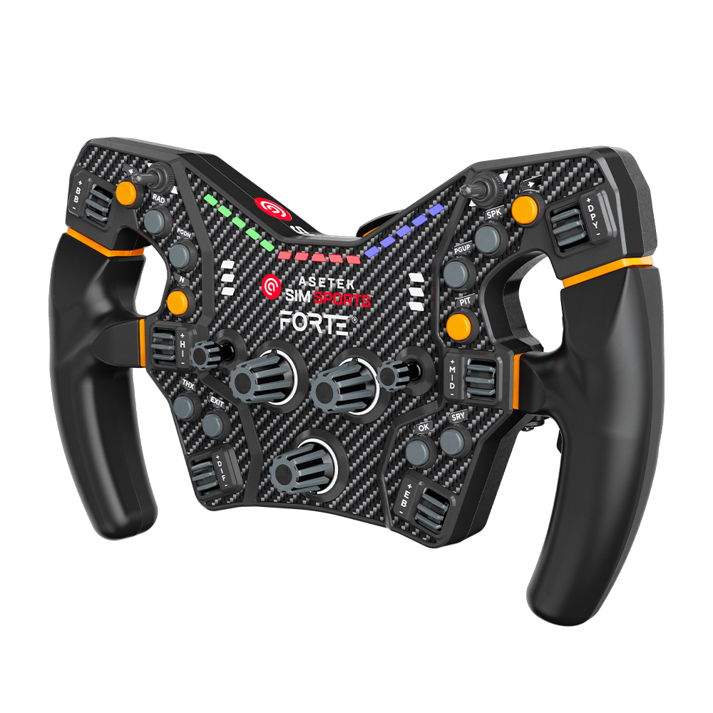 Asetek SimSports Forte Formula steering wheel rim with illuminated LED accents, front view showcasing detailed design and branding.