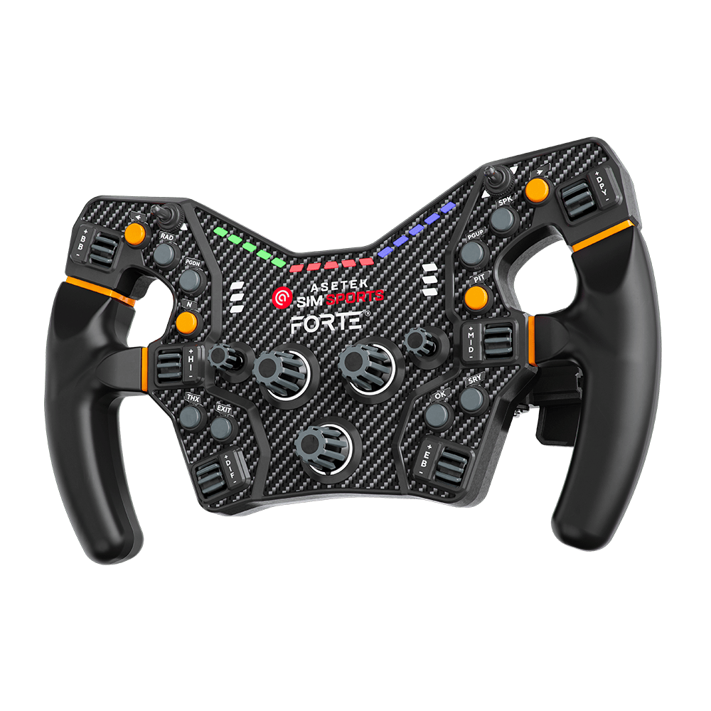 Asetek SimSports Forte Formula steering wheel rim with LED details, shown on a transparent background.
