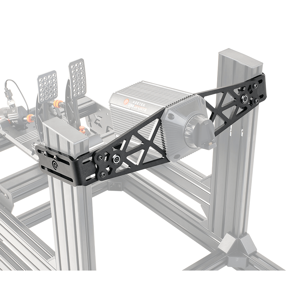 Asetek SimSports DD Wheelbase Front Mount accessory on a white background, showcasing a sturdy mounting bracket for sim racing wheelbases.